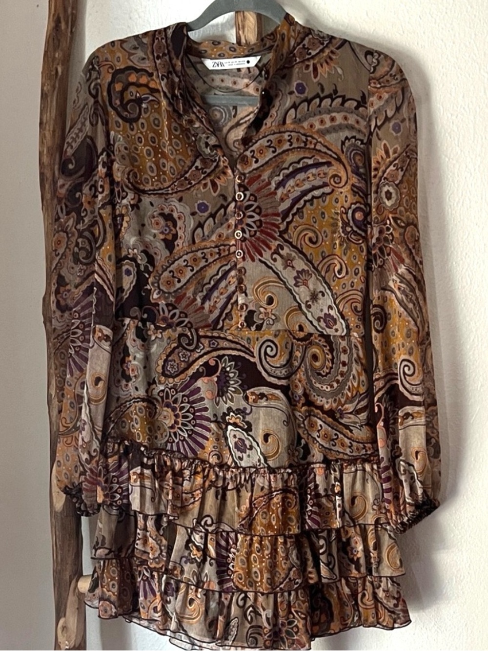 Zara Brown Orange Purple Sheer Long Sleeve Paisley Ruffle Skirt Mini Dress Med